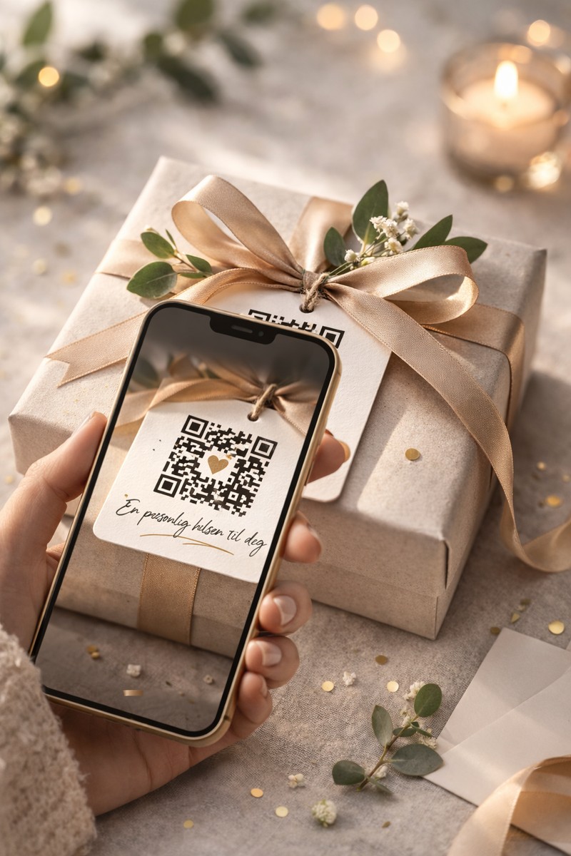 Mottaker scanner QR-kode på gave med mobilkamera