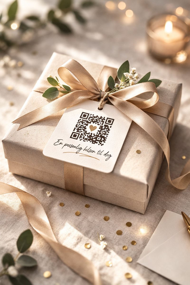 Innpakket gave med personlig QR-hilsen festet i båndet